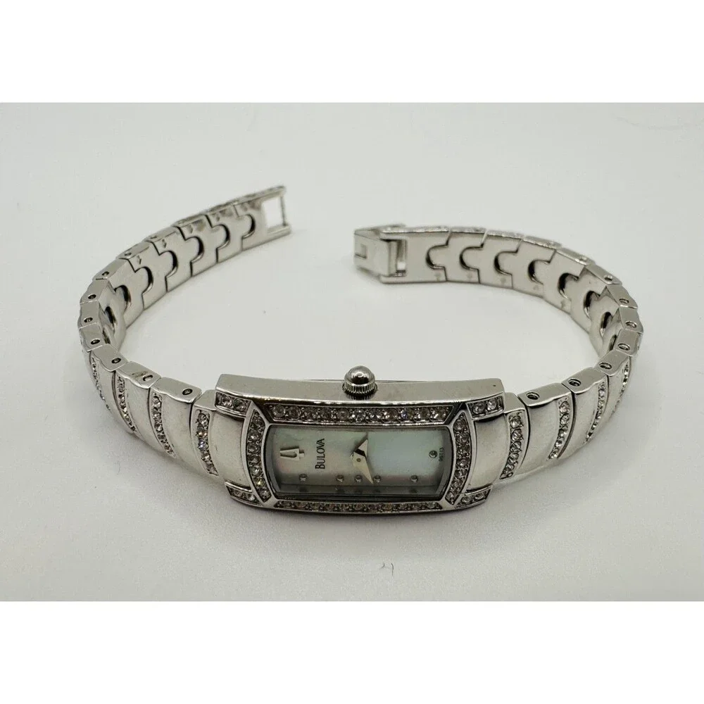 Bulova Rectangular Crystal Bracelet Watch Japan Movement Mother of Pearl Dial - Picture 3 of 7
